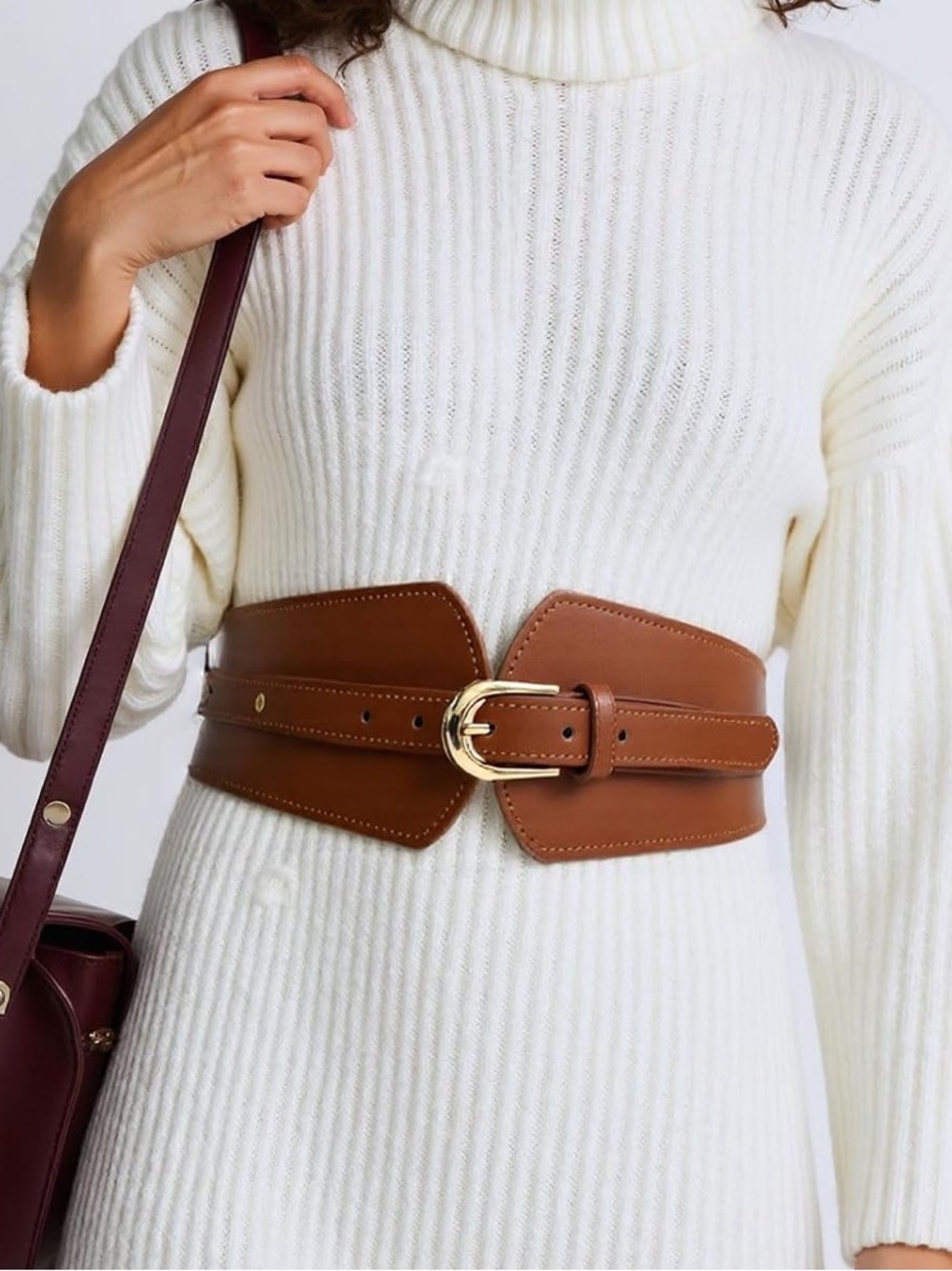 Wide Brown Corset Vegan Leather Waist Belt with Gold Buckle